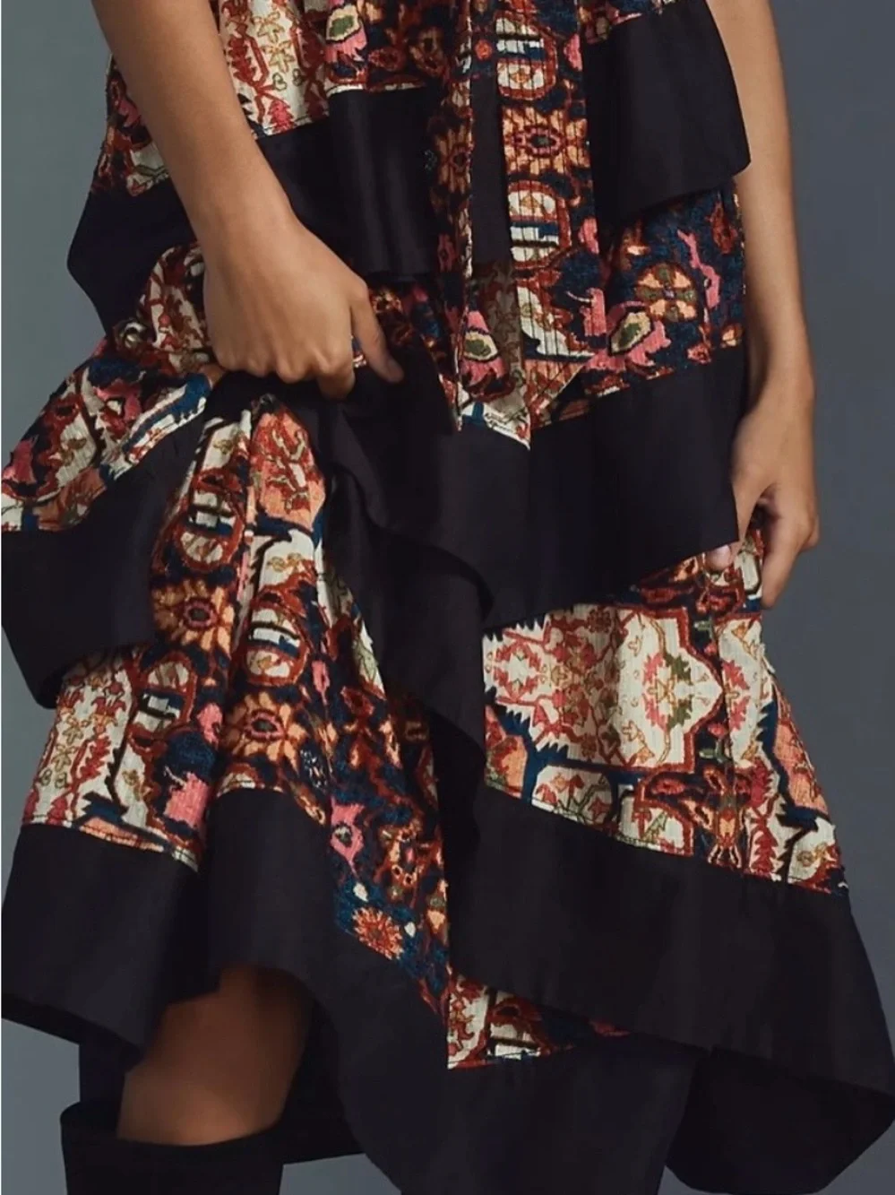 Anthropologie Black Tiered Midi Dress with Multicolor Floral Patchwork - Picture 3 of 7